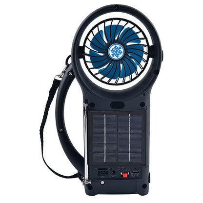Supersonic solar power Bluetooth speaker with FM radio, LED torch light, and fan, showcasing its compact design and multifunction features.