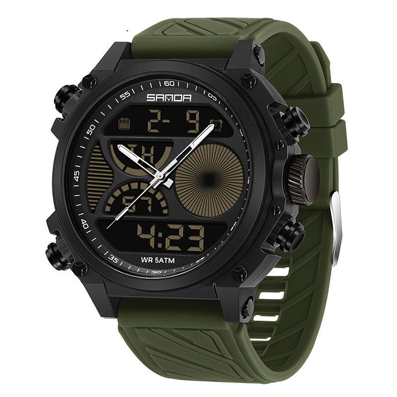 Rugged men's outdoor sports waterproof watch with large dial and dual display