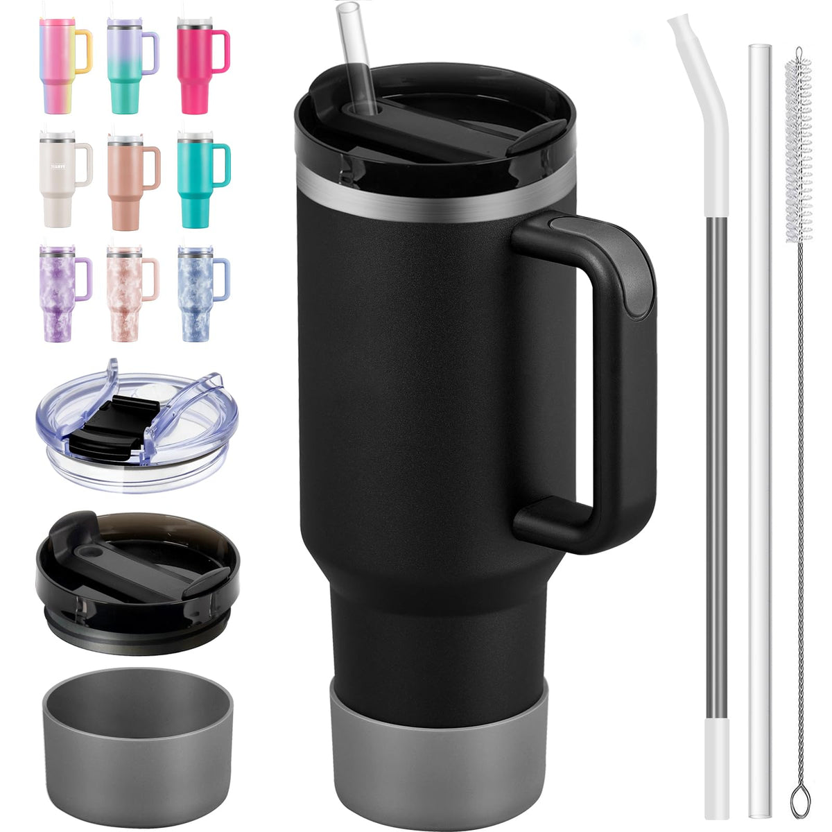 BACKUPMYFILESNOW® MaxHydrate 40oz insulated tumbler with handle, stainless steel, black, designed for hot and cold beverages.