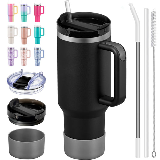BACKUPMYFILESNOW® MaxHydrate 40oz insulated tumbler with handle, stainless steel, black, designed for hot and cold beverages.