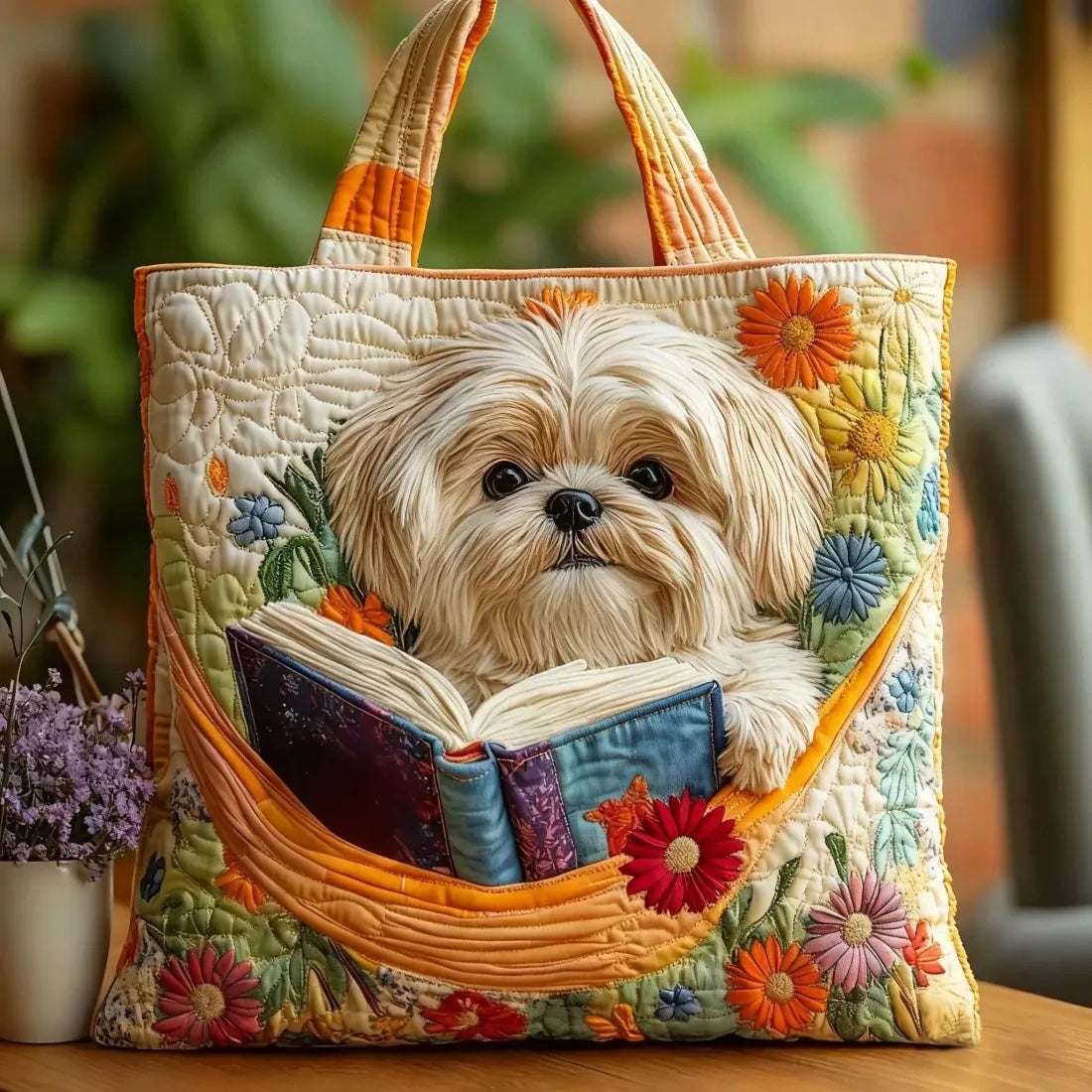 Digital-print quilting tote bag with cotton-padded jacket-style design and commuter casual look