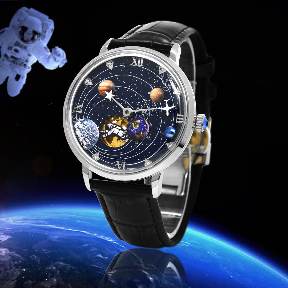 Men's mechanical watch with hollowed-out design and leather strap