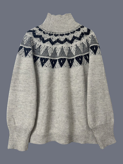 Women's retro pullover knitted jacquard sweater with patterned design and long sleeves