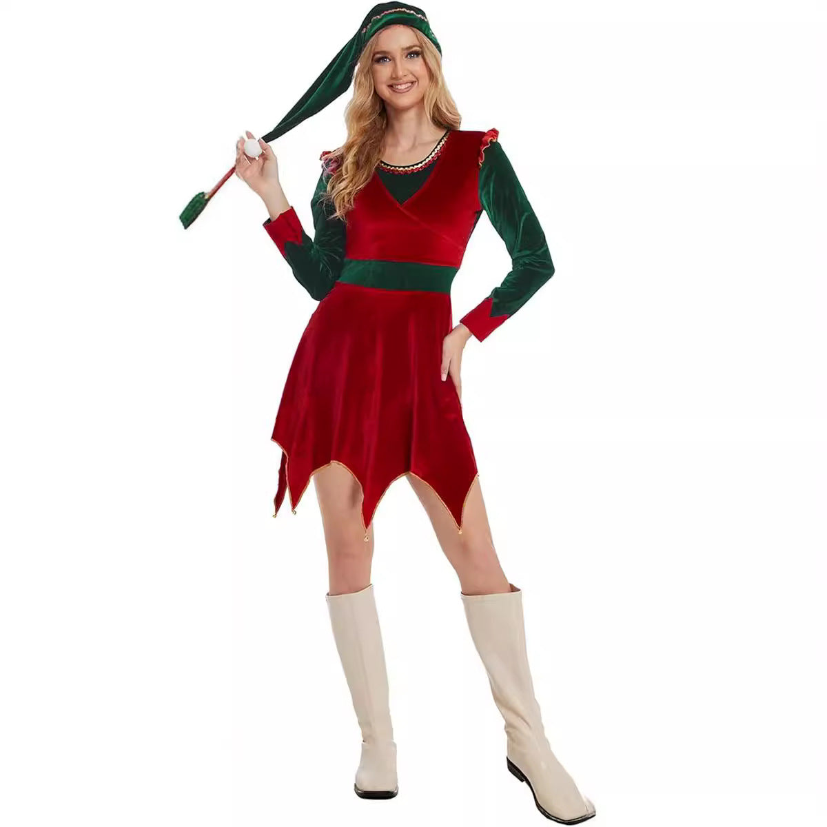 Women's Christmas elf dress and clothing in festive red and green design