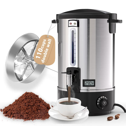 Large stainless steel commercial coffee urn with double wall insulation, designed for serving 110 cups of hot coffee at catering events.