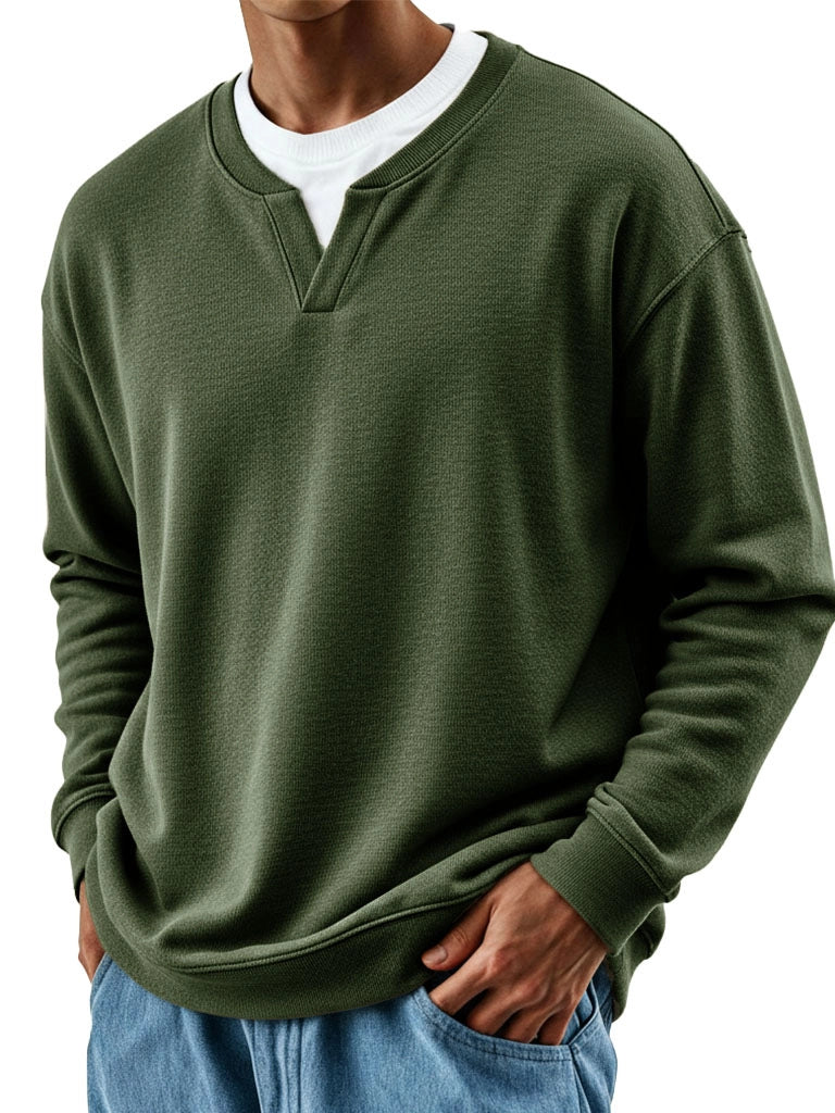 Men's patchwork mock two-piece crew-neck long-sleeve top in a layered design