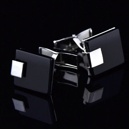 Black agate business cufflinks with polished stone inlays and silver-tone metal settings