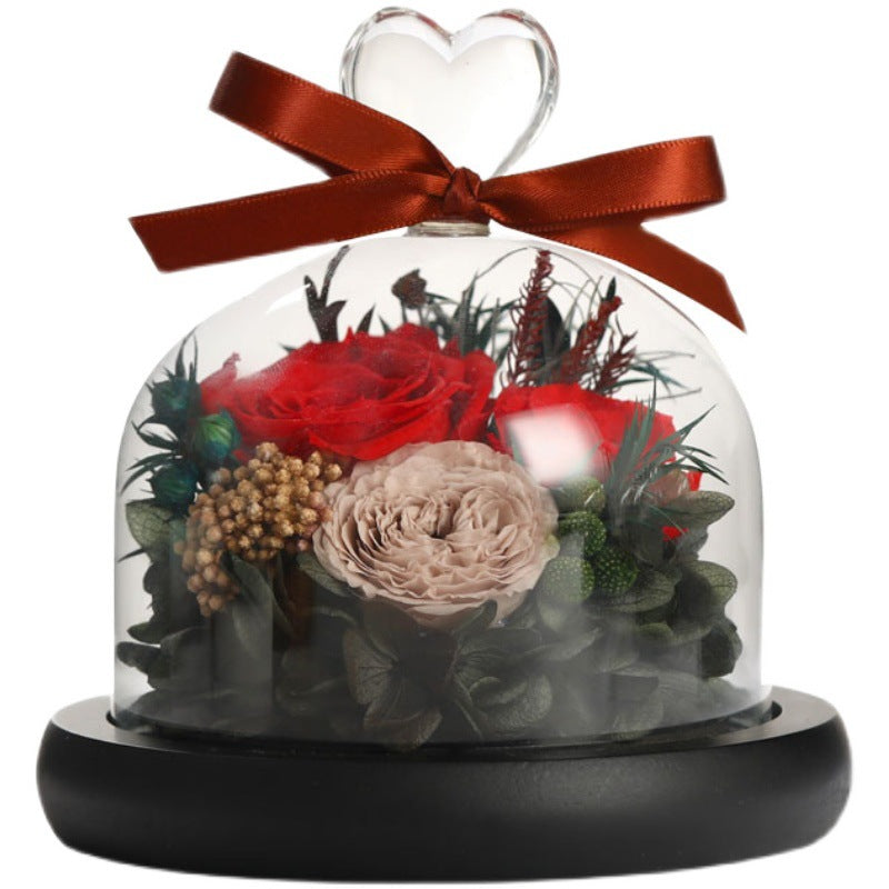 Valentine’s Day gift box with glass cover and large immortal rose flower