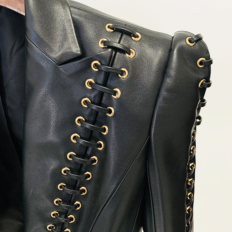 Fashion Heavy Industry eyelet rope slim-fit leather coat suit jacket in black with button closure and tailored lapels