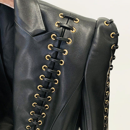 Fashion Heavy Industry eyelet rope slim-fit leather coat suit jacket in black with button closure and tailored lapels