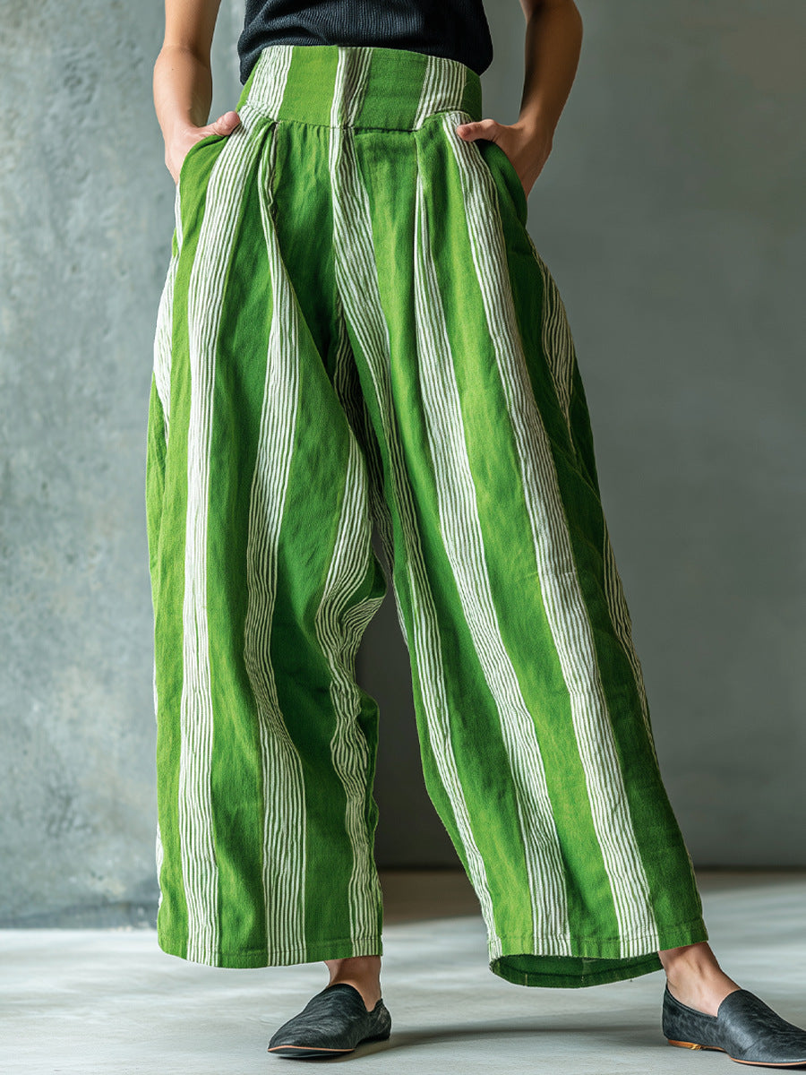 Women's loose casual linen striped wide-leg pants with high waist, vacation style