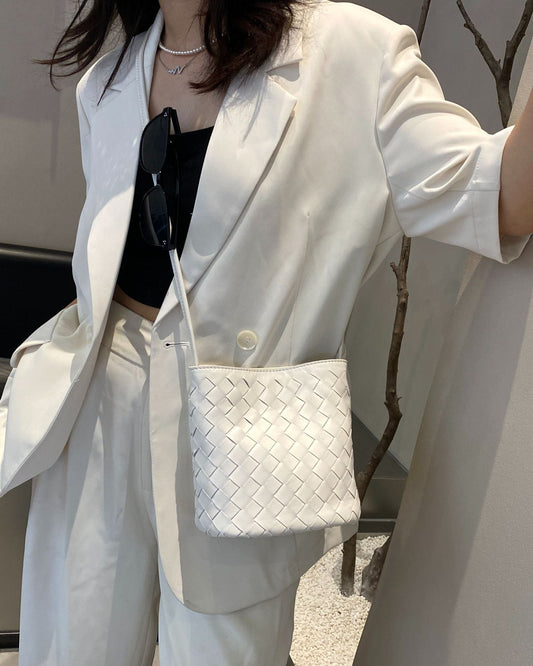 Genuine leather woven lambskin bucket bag with shoulder and crossbody straps