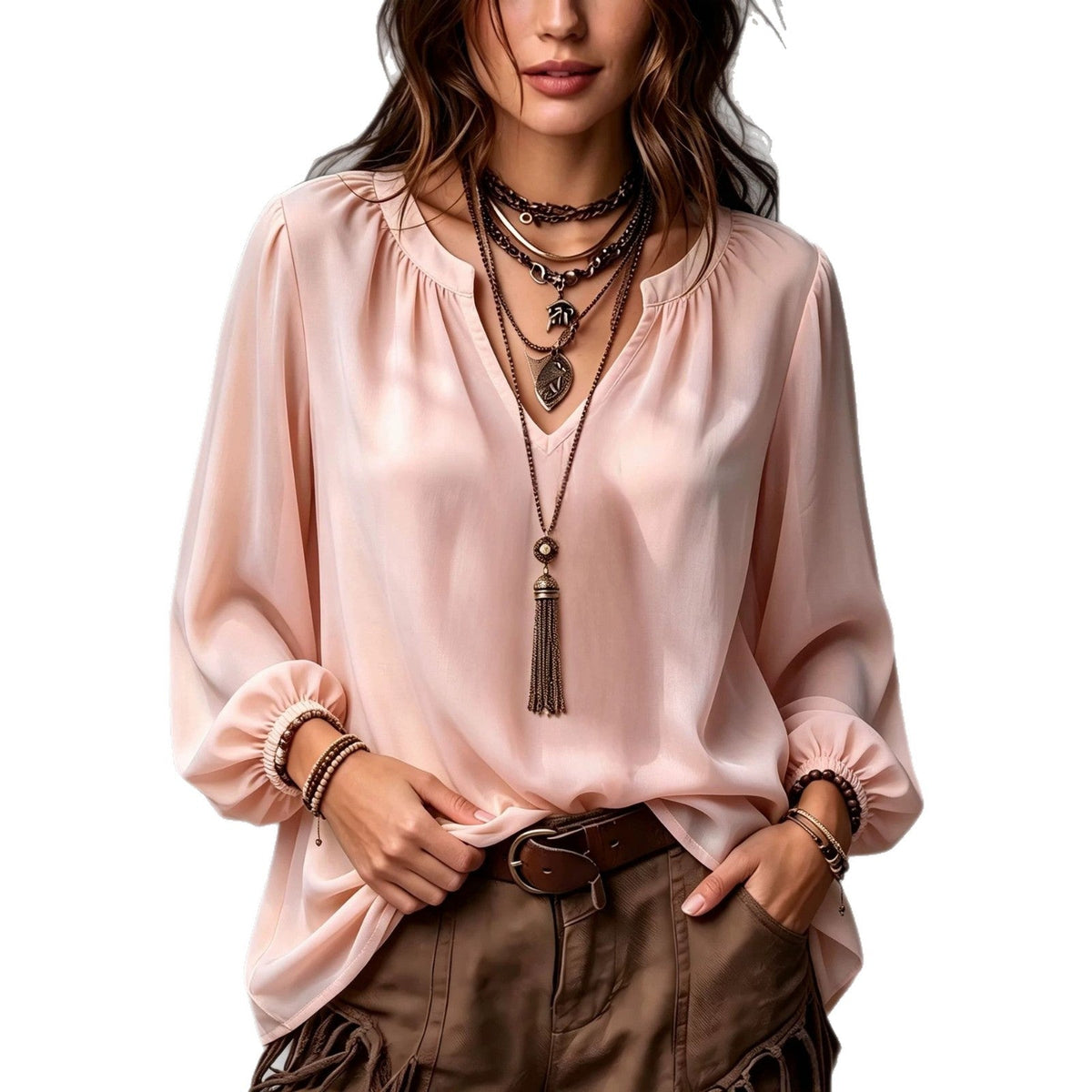 Elegant women's V-neck shirt with puff sleeves in a stylish silhouette