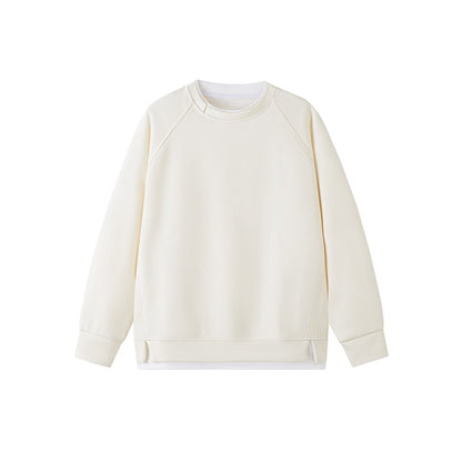 Women's spliced crew-neck pullover top in a casual patchwork design, front view