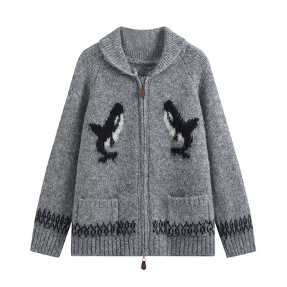 Fashionable two-way zipper shark jacquard embroidered knit cardigan front view