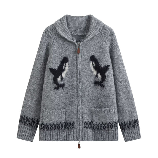 Fashionable two-way zipper shark jacquard embroidered knit cardigan front view