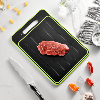 Double-sided cutting board with defrosting tray, knife sharpener, and grinding surface for kitchen use
