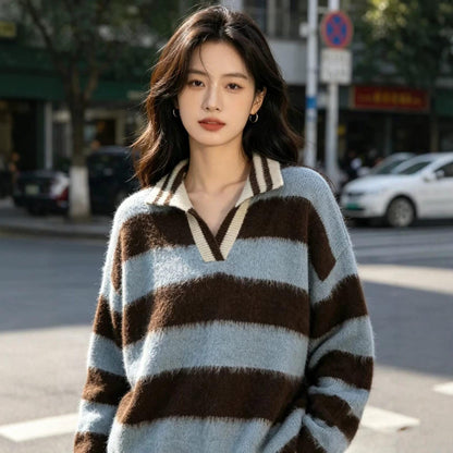 Women's retro color-block striped off-shoulder pullover sweater with lapel collar and long sleeves