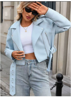 Vintage women's slim-fit short PU leather biker jacket with lapel collar