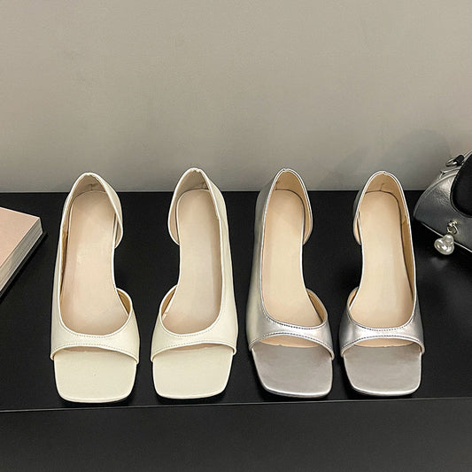 Women's French style soft leather peep toe slip-on sandals with thin high heels, square toe, black and white design
