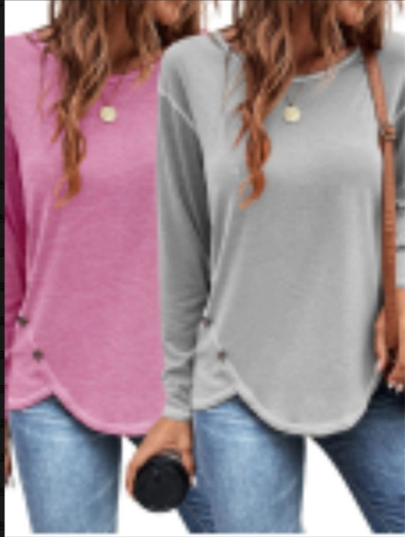 Women's solid button irregular edge T-shirt with asymmetrical hem, Europe and America style, front view