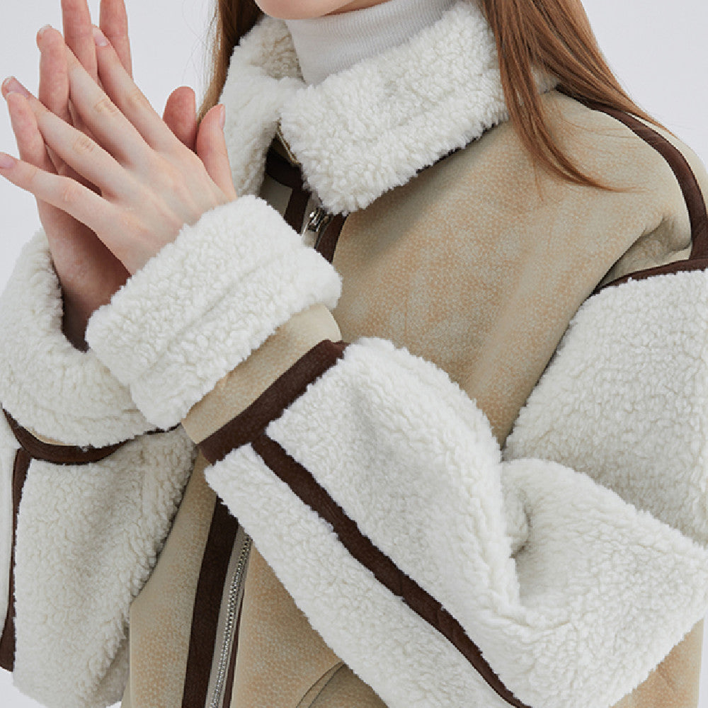 Women's fashion fur integrated short coat, front view