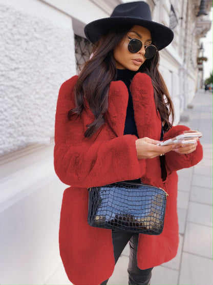 Women's long sleeve lapel faux fur coat in a solid color my store design