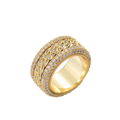 Micro-paved cubic zirconia Cuban ring with a sparkling stone-set band