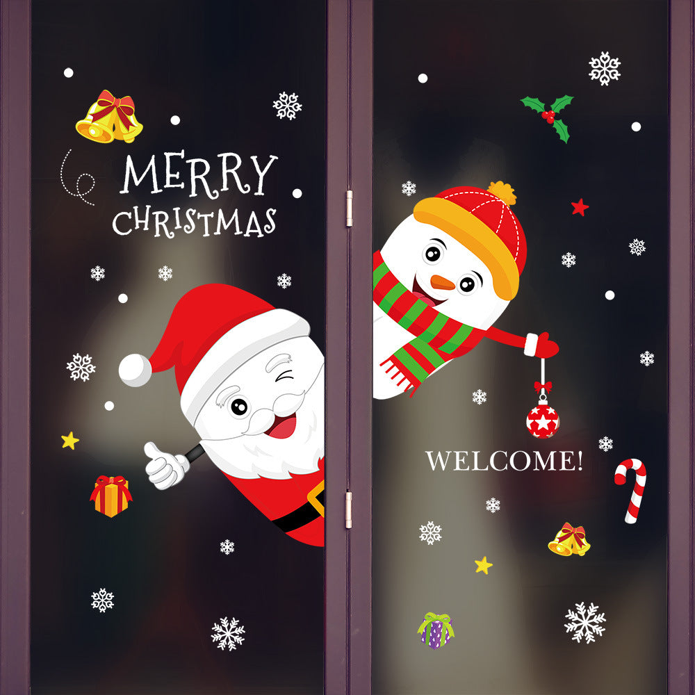 Christmas decorations store window stickers with festive holiday designs, displayed on a glass window