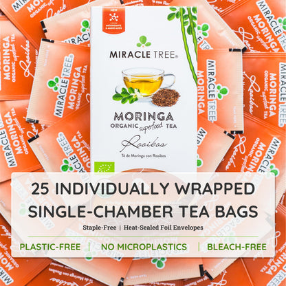 Bottle of Miracle Tree organic Moringa and Rooibos herbal tea with tea leaves and packaging in the background.