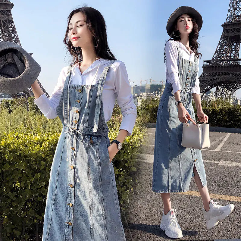 Button Strap Denim Dress, Denim Overall Dress