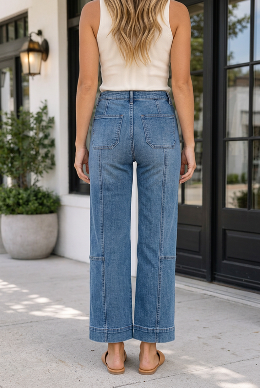 Back view of Threaded Pear Brianna Stitching Straight Jeans showing classic denim fabric and detailed stitching.