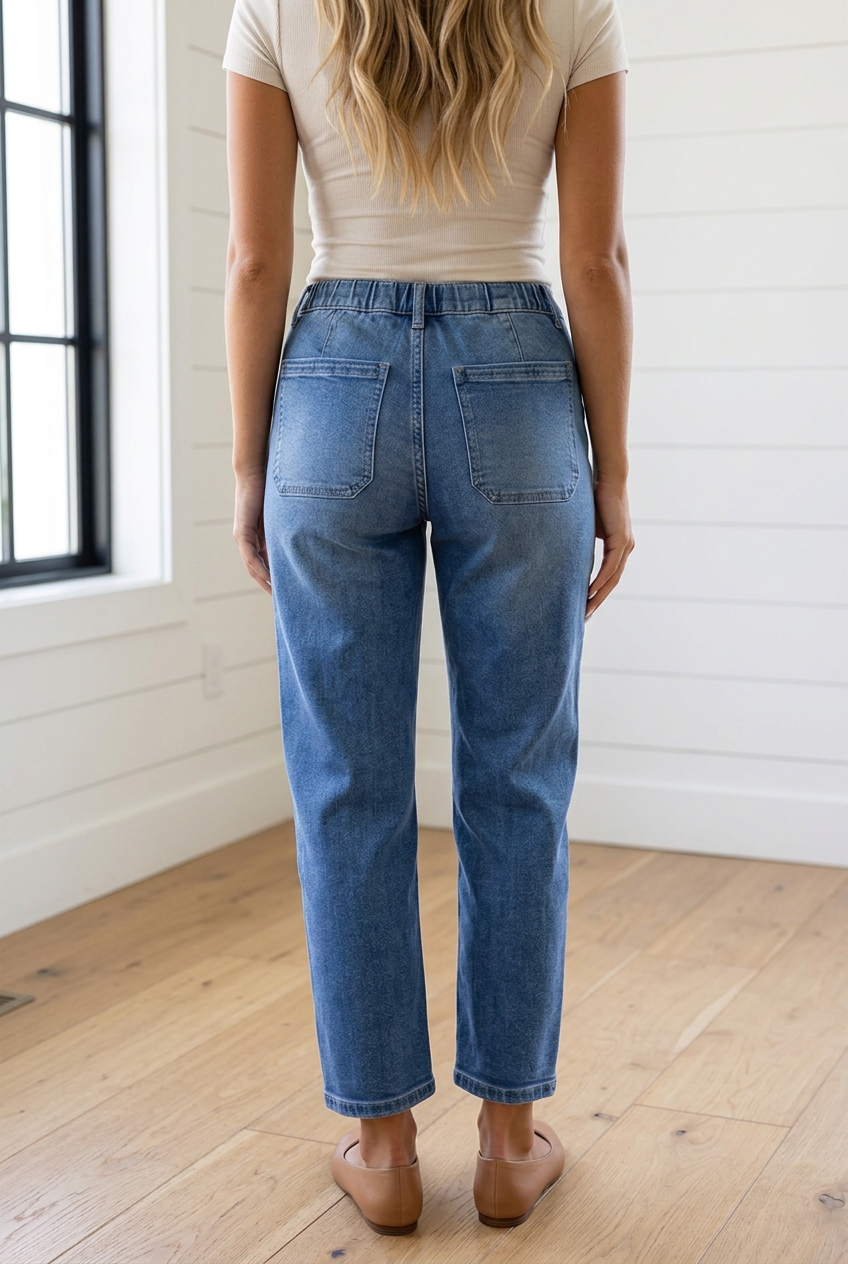 Back view of Threaded Pear Mylah Length Casual Jeans showing classic denim fit and stitching details.