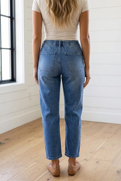 Back view of Threaded Pear Mylah Length Casual Jeans showing classic denim fit and stitching details.