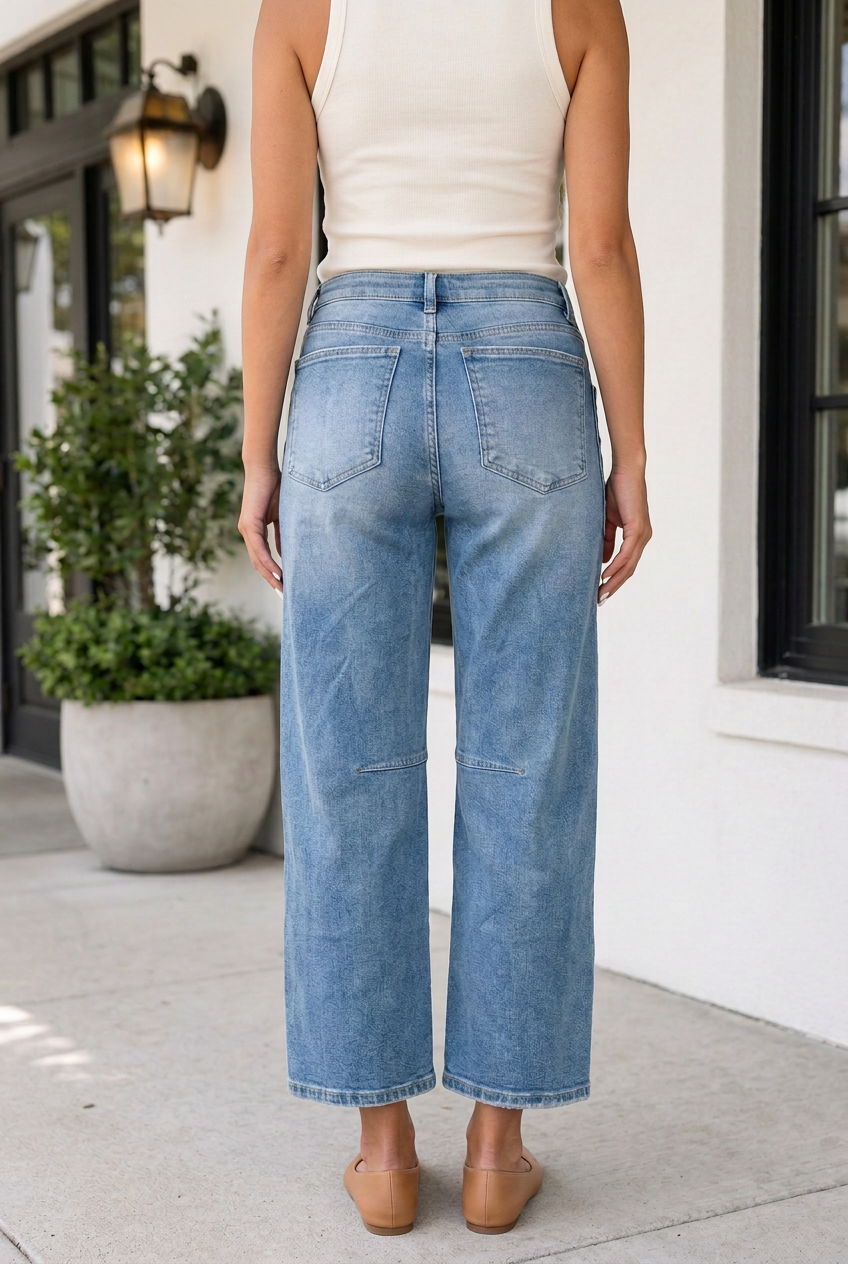 Back view of Threaded Pear Haydin Loose Ankle Length Jeans showing relaxed fit and classic denim design.