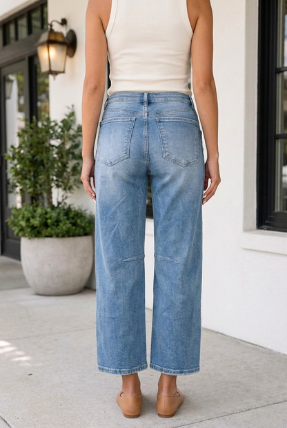 Back view of Threaded Pear Haydin Loose Ankle Length Jeans showing relaxed fit and classic denim design.