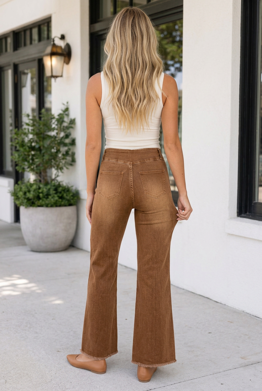 Back view of Threaded Pear Lorenah Hem Flare Jeans showing high-waisted fit and flared leg design.