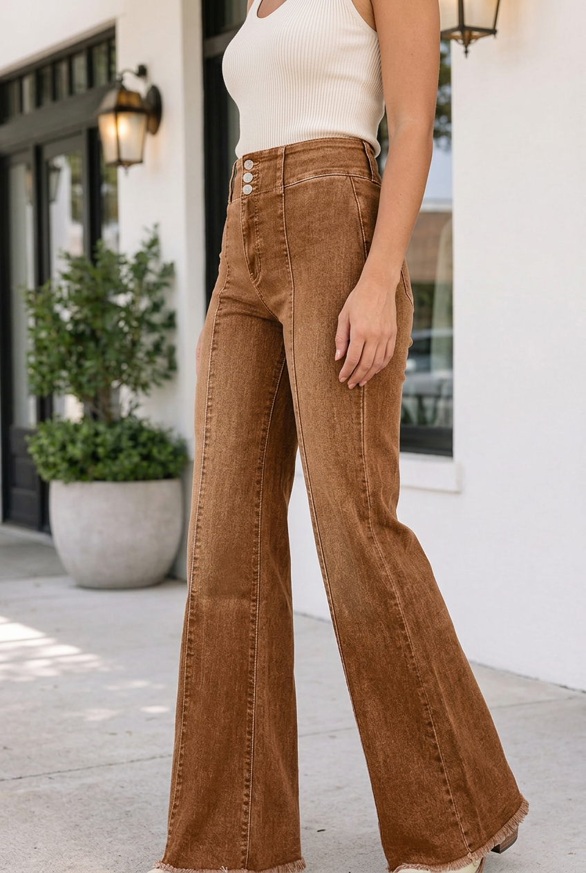 Lorenah Hem Flare Jeans by Threaded Pear, showcasing the high-waisted design with flared leg and distressed hem detail.