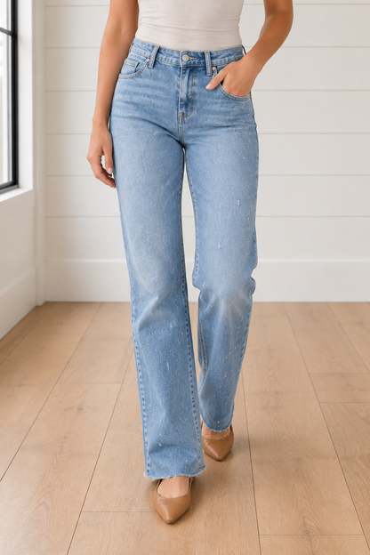 Light blue Cameron Raw Hem Jeans by Threaded Pear featuring distressed details and raw hem finish.