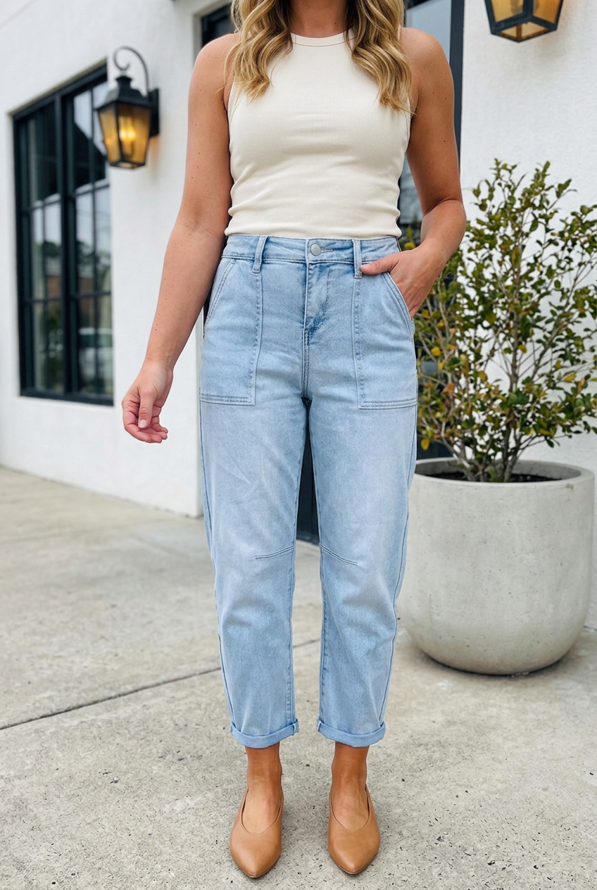Light blue Lacey Relaxed Patch Jeans by Threaded Pear with a relaxed fit and distressed patch details, front view.