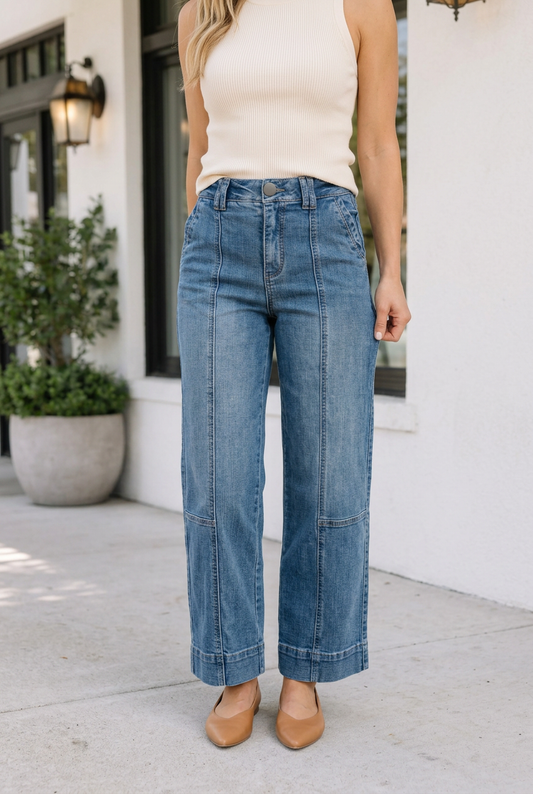 Front view of Threaded Pear Brianna Stitching Straight Jeans showing classic fit and detailed stitching.