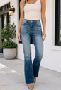 Front view of Threaded Pear Hadlee Flare Leg Jeans with detailed stitching and a classic denim wash.