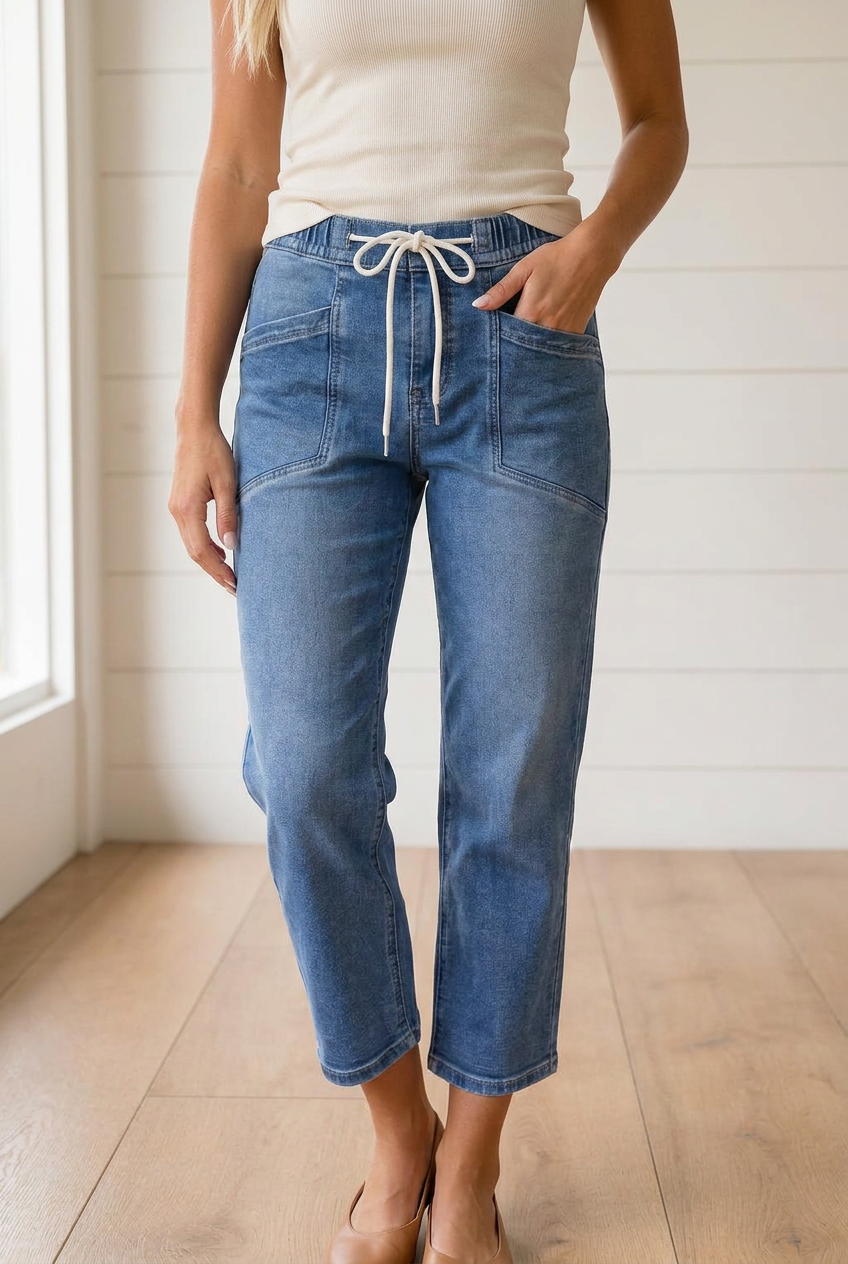 Front view of Threaded Pear Mylah Length Casual Jeans, showcasing classic denim style and fit.