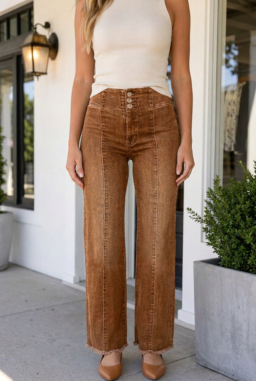 Front view of Threaded Pear Lorenah Hem Flare Jeans, showcasing the stylish high-waist design and flared leg silhouette.