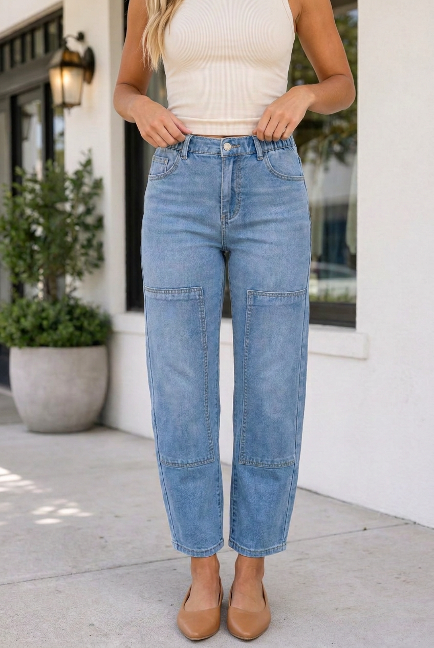 Front view of Emmalynn solid color jeans by Threaded Pear, showcasing classic denim design and clean stitching.