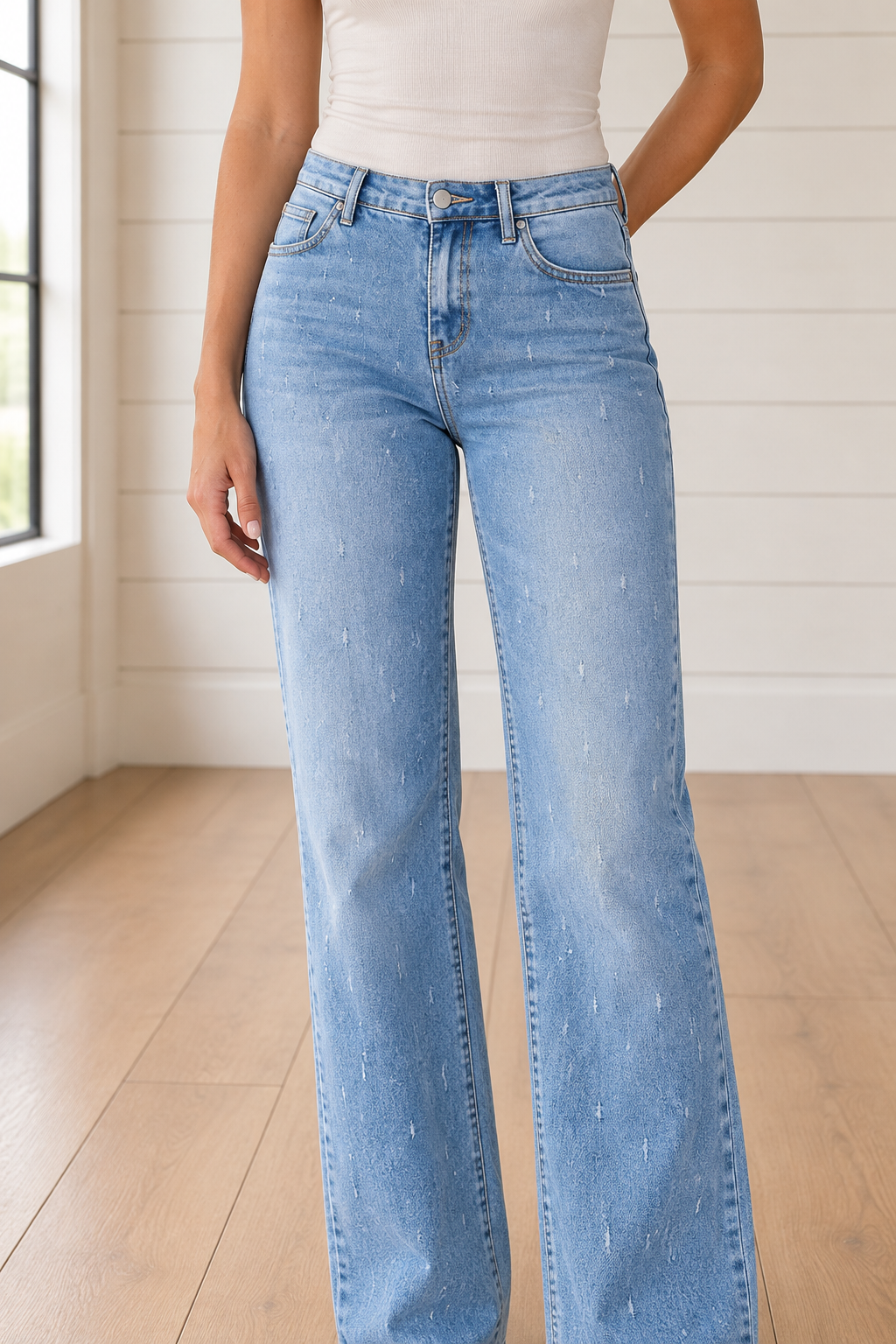 Front view of Threaded Pear Cameron Raw Hem Jeans showing classic denim style and raw hem detail.