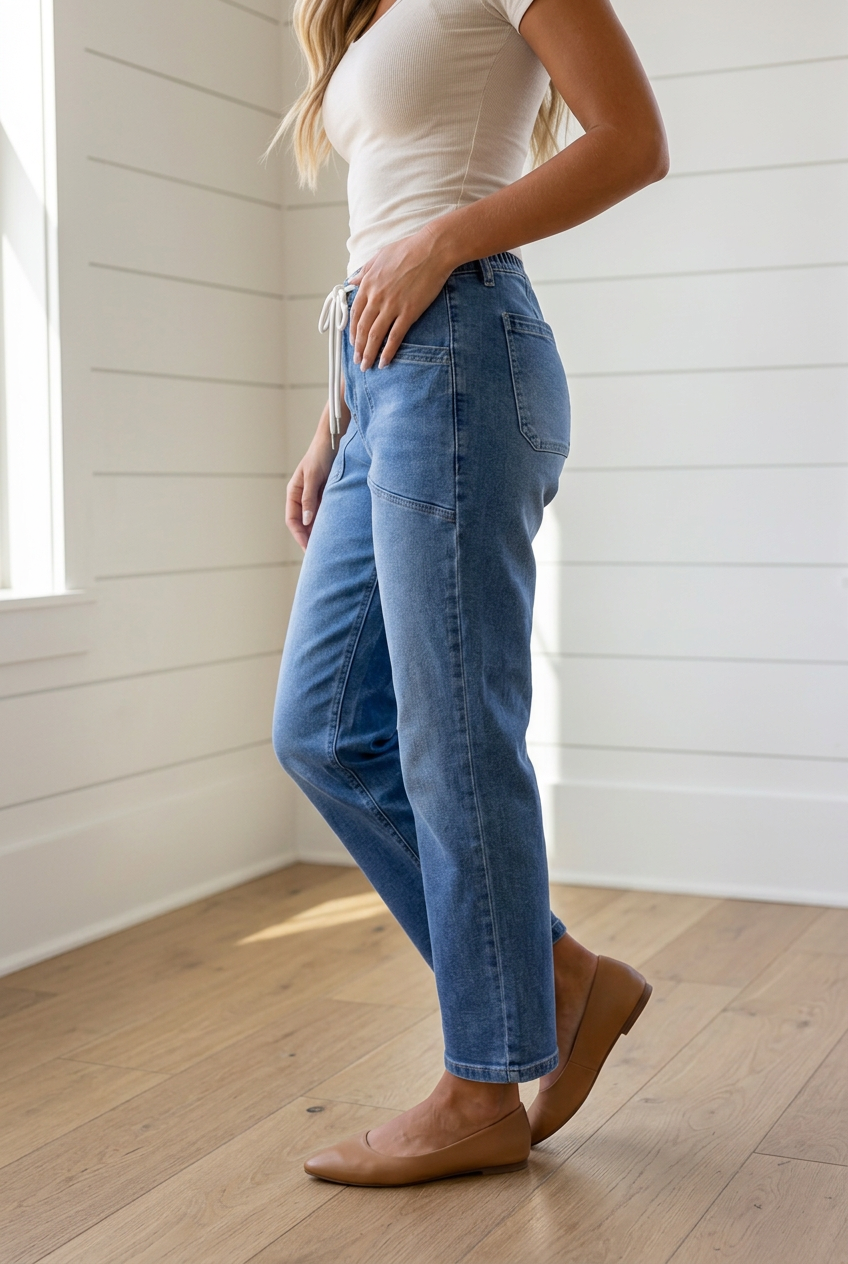 Light blue Mylah Length casual jeans by Threaded Pear, showing a front view with a relaxed fit and classic denim style.