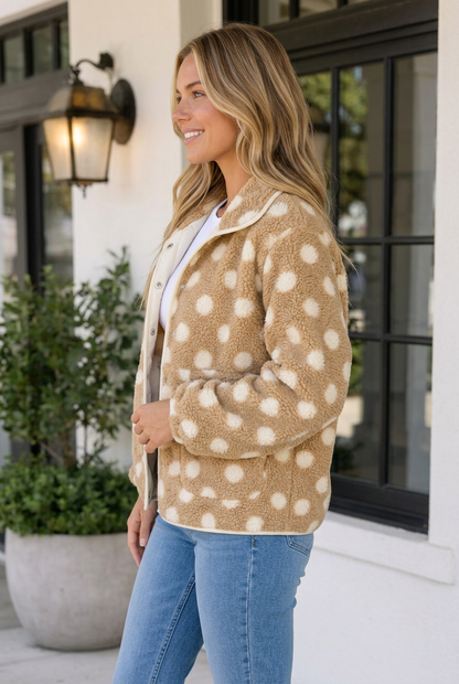 Threaded Pear Juliah Placket Shift Jacket showing front view with a sleek silhouette and button placket detail.