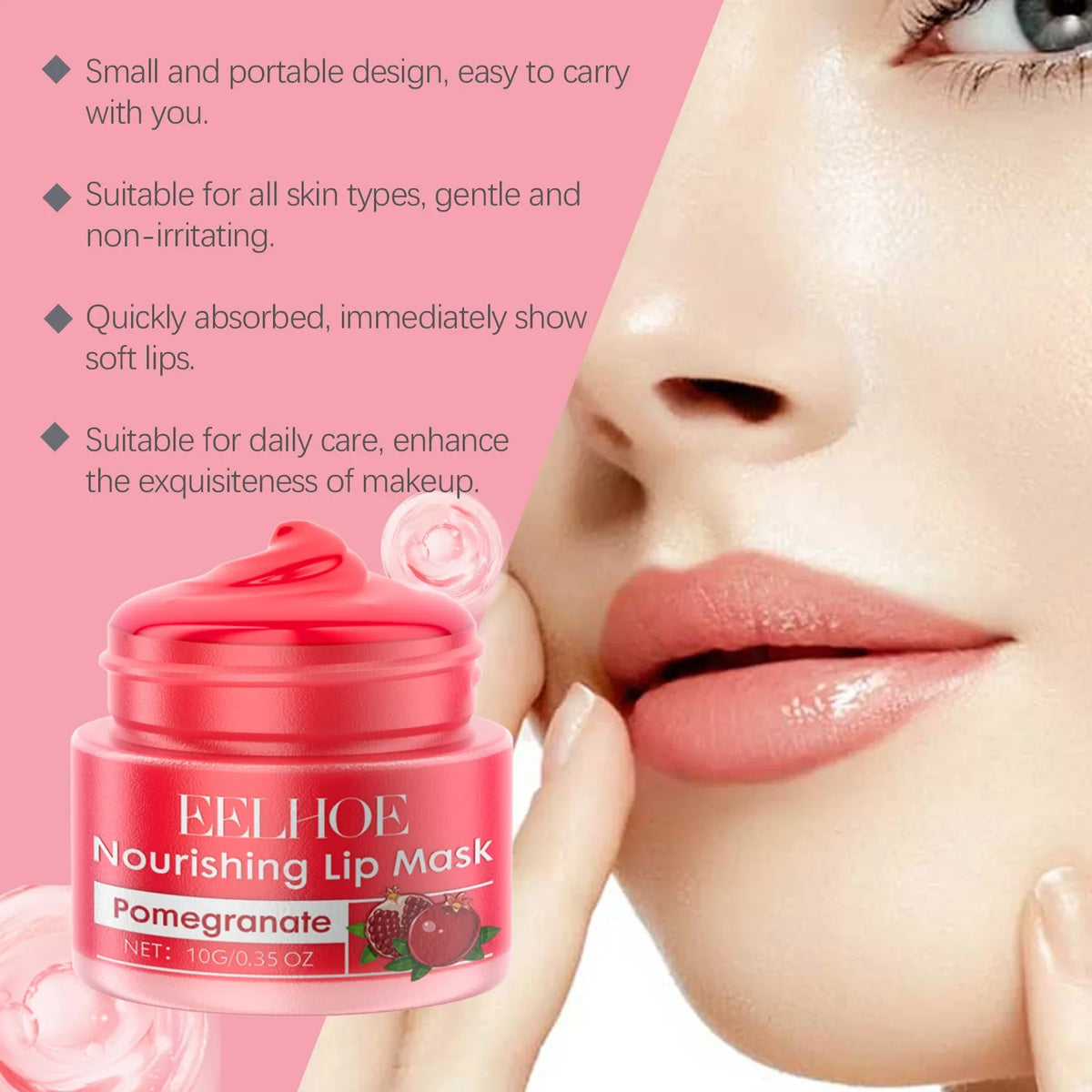 Eelhoe Blushimmer red pomegranate lip sleeping mask in a jar, moisturizing, nourishing, and plumping lips with a glossy finish