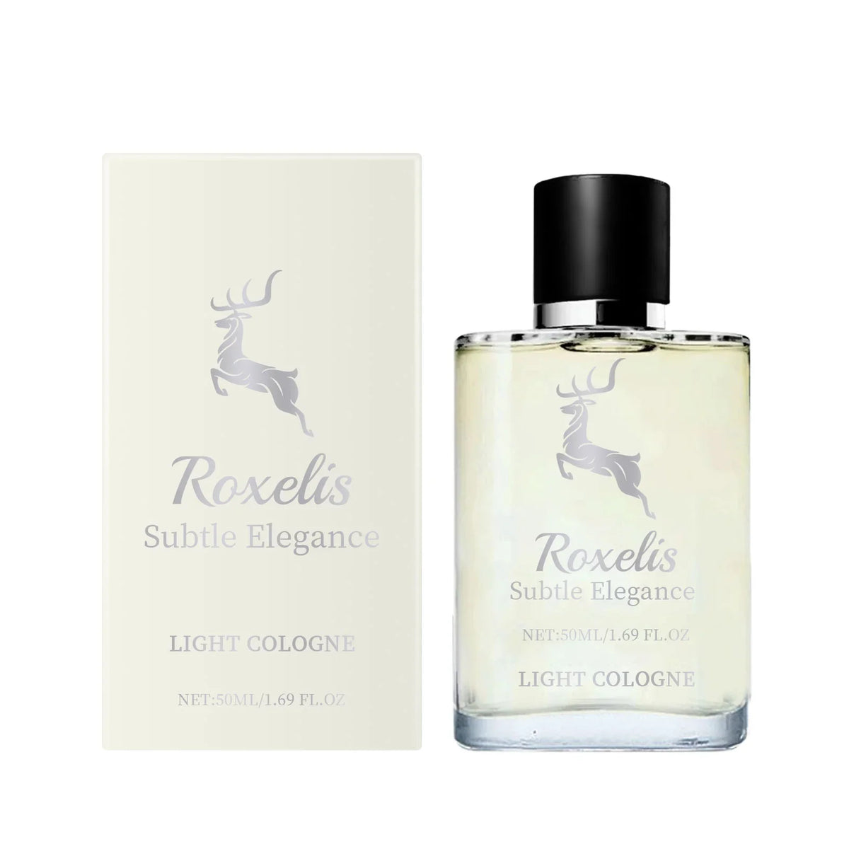 Blushimmer Roxelis 50ml Cologne bottle featuring elegant packaging, showcasing a charming men's perfume for lasting scent and pheromone appeal.